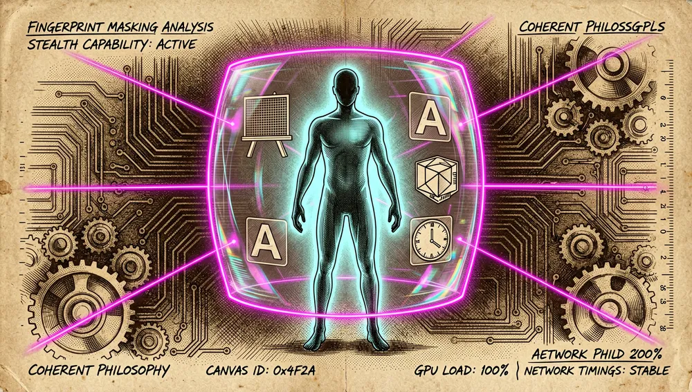 Digitale Silhouette, geschützt durch holografische Schilde, die Scan-Strahlen auf Canvas, Schriftarten, GPU und Netzwerk-Timing abwehren.