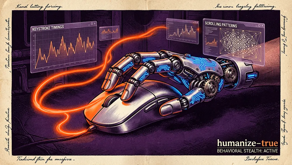 Roboterhand, die eine Maus mit geschwungenen Spuren bewegt, die menschliche Bewegungen nachahmen, daneben Daten zu variablen Tastenanschlägen und Scrollverhalten.
