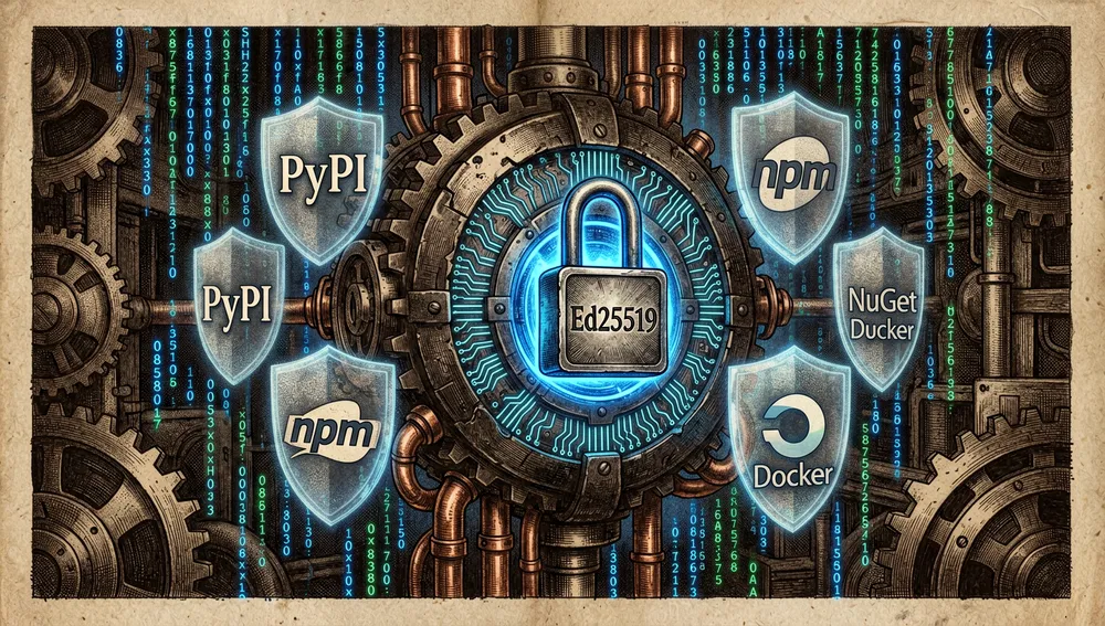 Kryptografisches Ed25519-Siegel, das einen Binärkern schützt, umgeben von den Logos von PyPI, npm, NuGet und Docker.