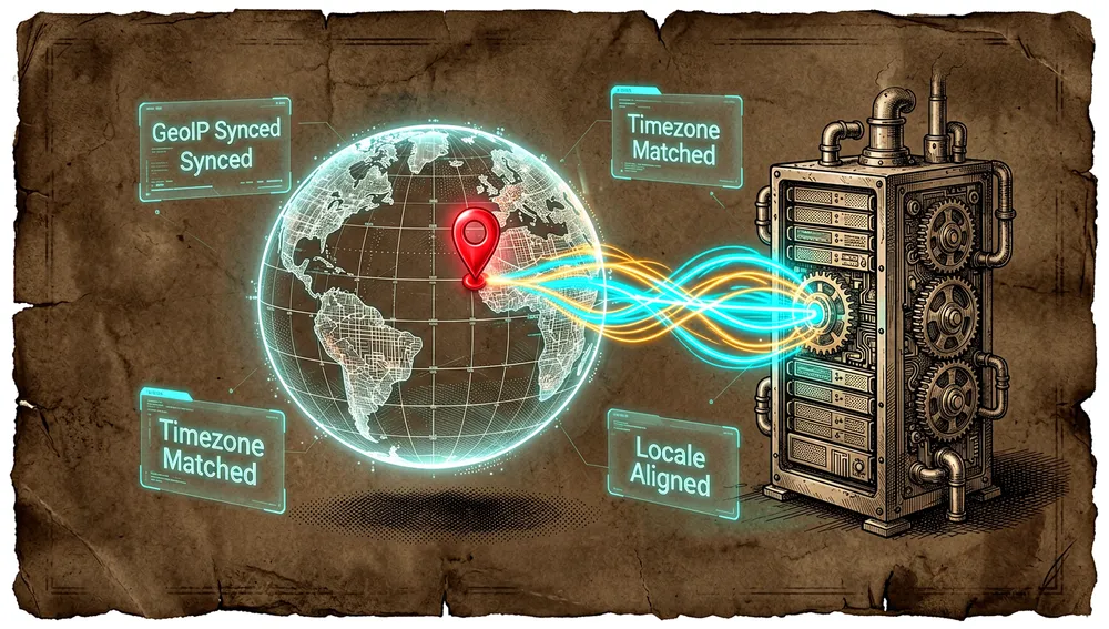 Weltkarte mit einer Route über einen residenten Proxy und Panels, die GeoIP, Zeitzone und Sprache synchron zeigen.
