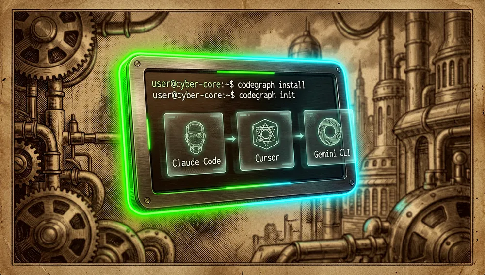 Terminal, das die Befehle codegraph install und codegraph init ausführt, mit automatisch erkannten Symbolen unterstützter KI-Agenten.