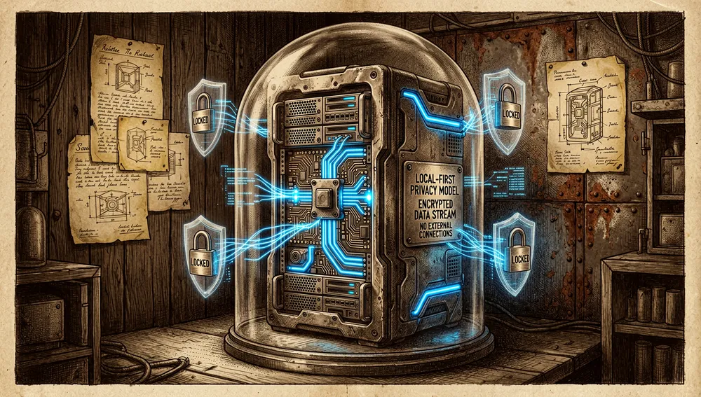 Darstellung eines gepanzerten lokalen Servers innerhalb einer Schutzkuppel ohne externe Verbindungen, als Sinnbild für den Local-first-Ansatz.