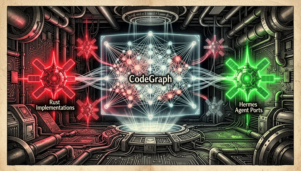 Ein zentrales CodeGraph-Hologramm, umgeben von Satellitenknoten, die Community-Forks und -Ports darstellen, darunter Rust-Ableger und ein Hermes-Agent-Port.