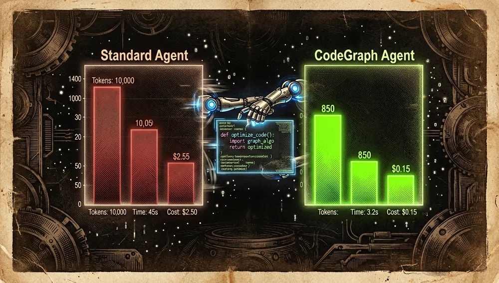 Zwei Balkendiagramme, die einen Standardagenten mit einem CodeGraph-Agenten bei Aufrufen, Zeit und Kosten vergleichen, wobei der CodeGraph-Agent deutlich niedrigere Werte zeigt.