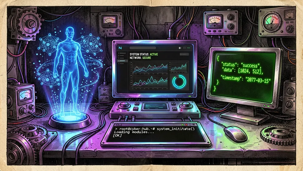 Vier futuristische Terminals, die die Nutzungsoberflächen von MoneyPrinterTurbo darstellen: ein KI-Agenten-Hologramm, ein WebUI-Dashboard, ein API-Datenstrom und eine Kommandozeilenschnittstelle.