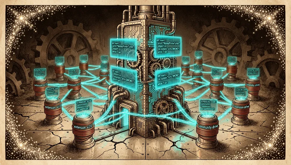 Zentraler Neon-Monolith, der MoneyPrinterTurbo darstellt, umgeben von Satellitenknoten, die Community-Forks und -Erweiterungen symbolisieren, mit Tausenden Sternen, die einen Nebel darum bilden.
