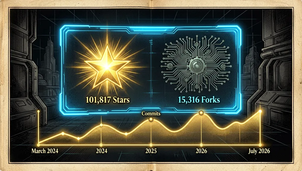 Futuristisches Dashboard mit Neon-Statistiken: ein strahlendes Sternsymbol für 101.817 Sterne, ein verzweigtes Schaltkreismuster für 15.316 Forks und eine Commit-Zeitleiste von März 2024 bis Juli 2026.