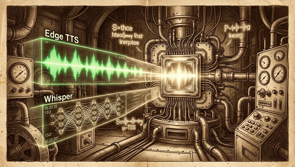 Audio- und Untertitellabor mit zwei holografischen Pfaden: ein schneller Edge-TTS-Weg mit grünen Audiowellenformen und ein Whisper-Weg mit einem lokalen neuronalen Netz, das präzise Zeitstempel berechnet.