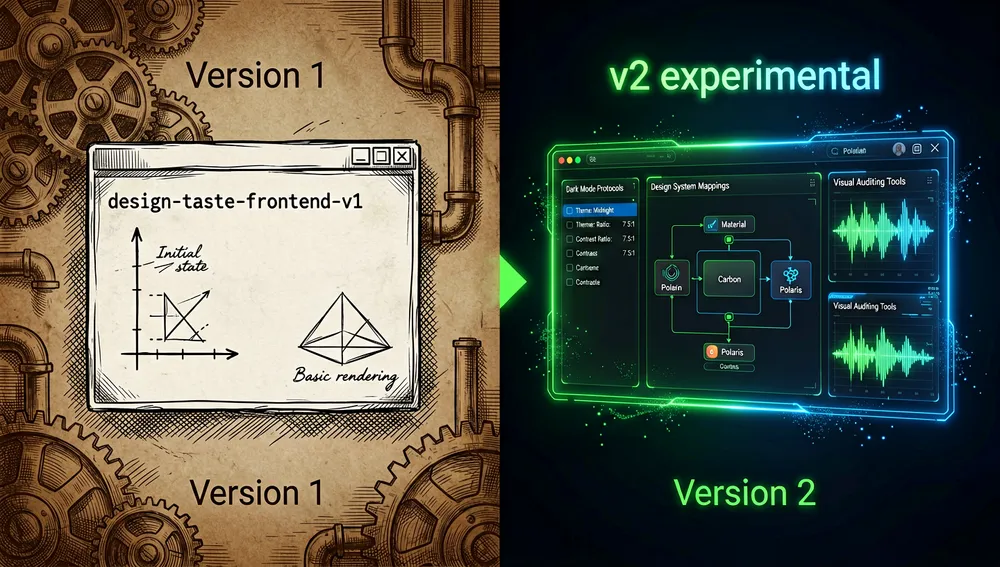 Pantalla dividida que contrasta una terminal antigua de la versión 1 con una interfaz holográfica moderna de la versión 2 experimental, con mapas hacia sistemas de diseño como Material, Carbon y Polaris.