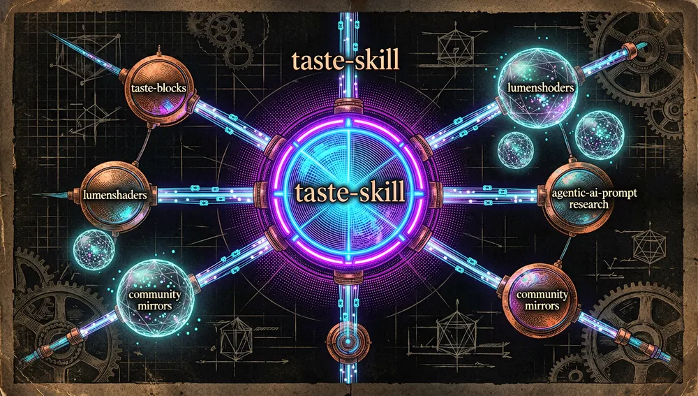 Mapa del ecosistema en modo oscuro con un nodo central pulsante etiquetado taste-skill, conectado por cables de fibra óptica de neón a repositorios satélite como taste-blocks y lumenshaders.