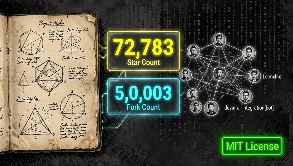 Panel de un repositorio de GitHub en estilo cyberpunk mostrando métricas holográficas: 72.783 estrellas en amarillo, 5.003 bifurcaciones en cian y un gráfico de red de contribuidores.