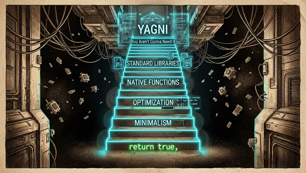 Eine Neon-Treppe, die durch die Dunkelheit hinabführt, wobei jede Stufe eine Entscheidung der Ponytail-Philosophie darstellt, von komplexer Architektur bis zu einer einzigen minimalen Codezeile.