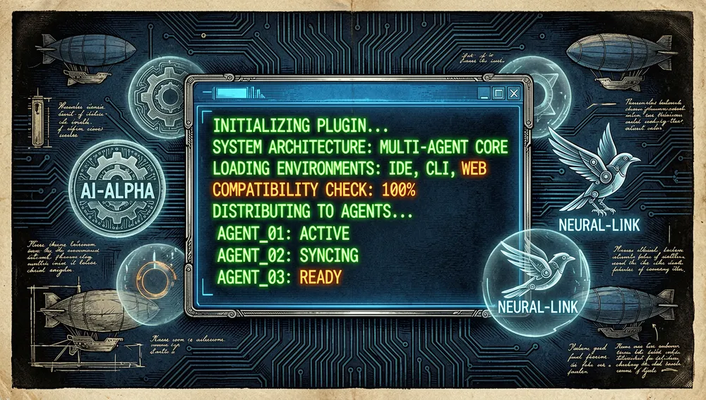 Eine futuristische Terminal-Oberfläche zeigt die Installation eines Plugins über mehrere KI-Agentenumgebungen hinweg, umgeben von schwebenden holografischen Logos.