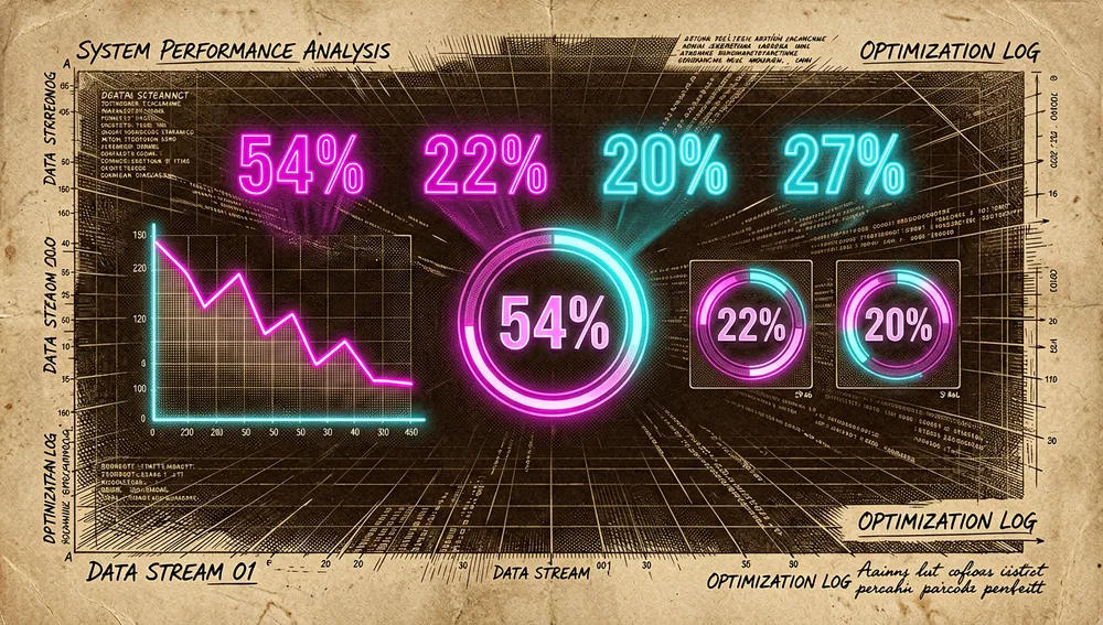 Ein Benchmark-Dashboard im Dunkelmodus mit Neon-Diagrammen, die Reduktionen von 54 %, 22 %, 20 % und 27 % bei Zeilen, Tokens, Kosten und Zeit zeigen.