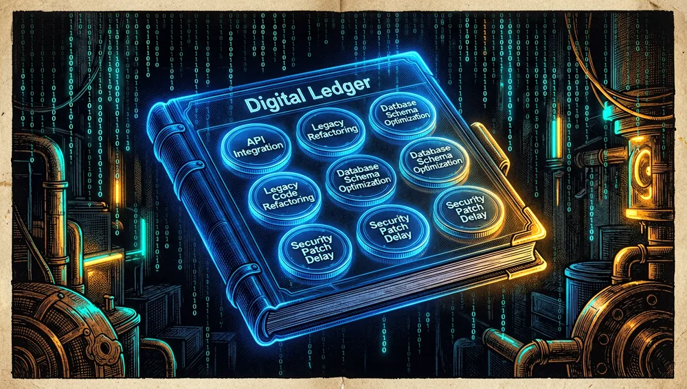 Ein digitales Register technischer Schulden mit leuchtenden Marken, die aufgeschobene Verbesserungen darstellen, organisiert in einer futuristischen Ablage.