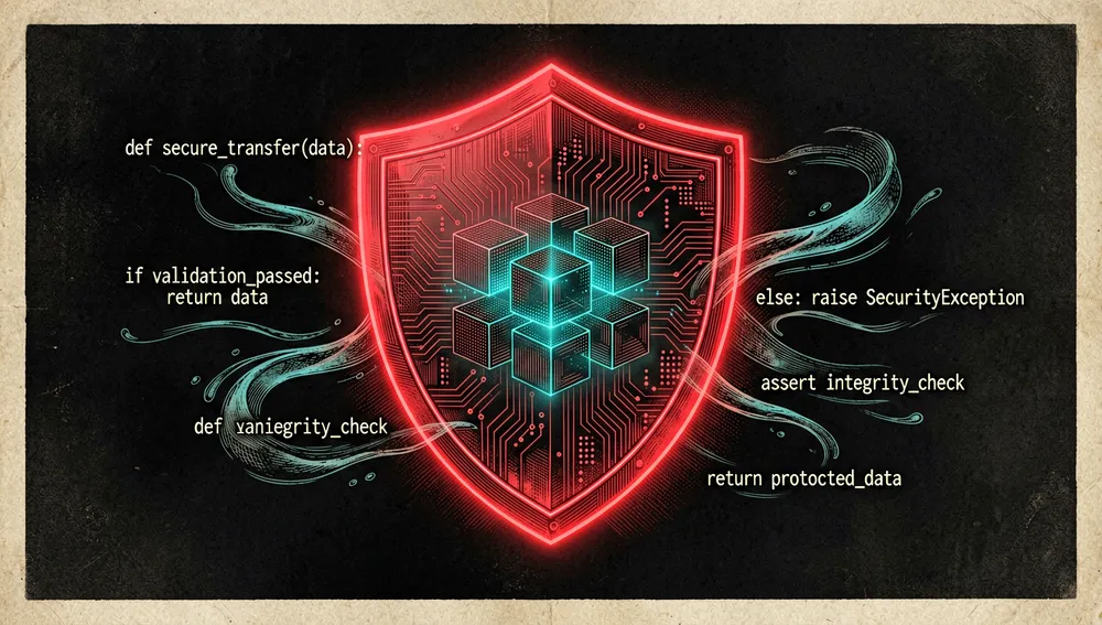 Ein Neon-Schild schützt einen Kern aus empfindlichen Datenblöcken, während minimalistische Codefragmente sicher darum herum fließen, ohne Sicherheit oder Validierung zu gefährden.