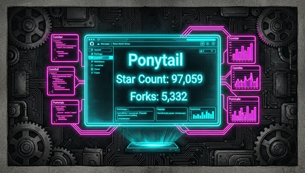 Ein futuristisches GitHub-Dashboard zeigt das Ponytail-Repository mit 97.059 Sternen und 5.332 Forks, umgeben von Commit-Knoten und Beitragsdiagrammen.