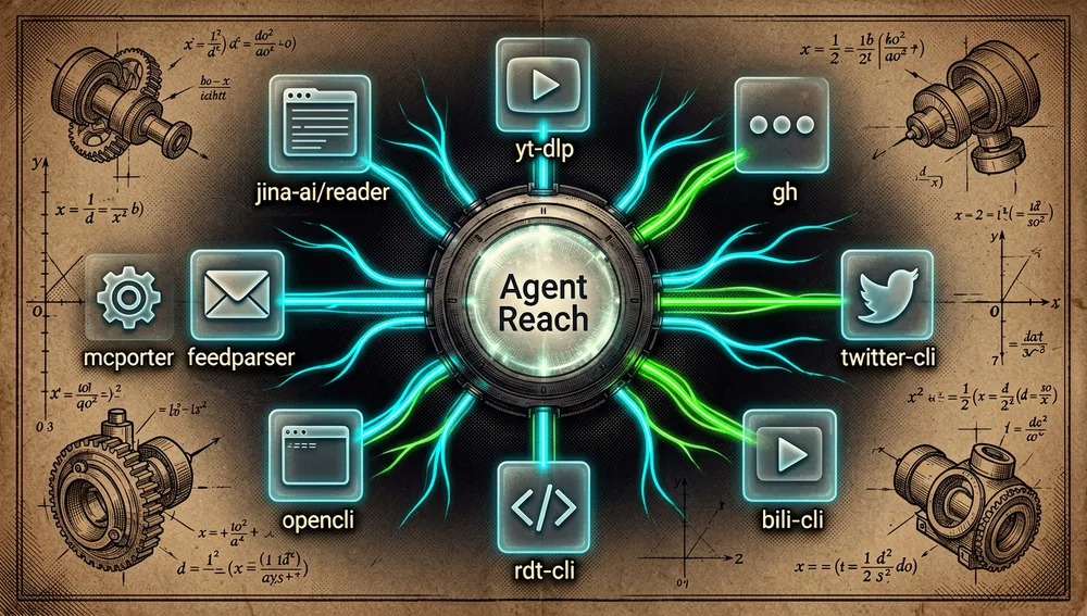 Herramientas como jina-ai/reader, yt-dlp y gh orbitando el núcleo de Agent Reach.