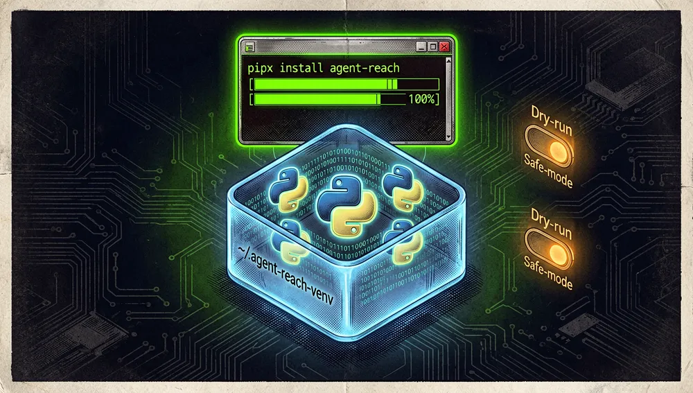 Terminal con la instalación mediante pipx y un entorno virtual, junto a los interruptores de dry-run y modo seguro.