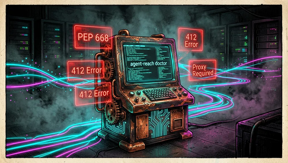 Escena de resolución de problemas con avisos de PEP 668, error 412 y proxy requerido.
