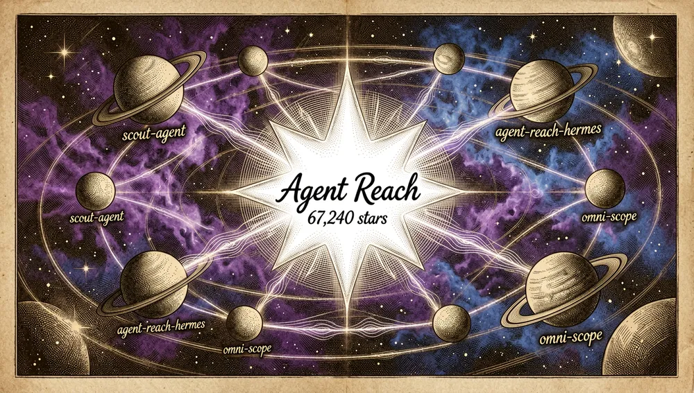Galaxia de bifurcaciones del repositorio, con nodos para scout-agent, agent-reach-hermes y omni-scope alrededor de Agent Reach y sus 67.240 estrellas.