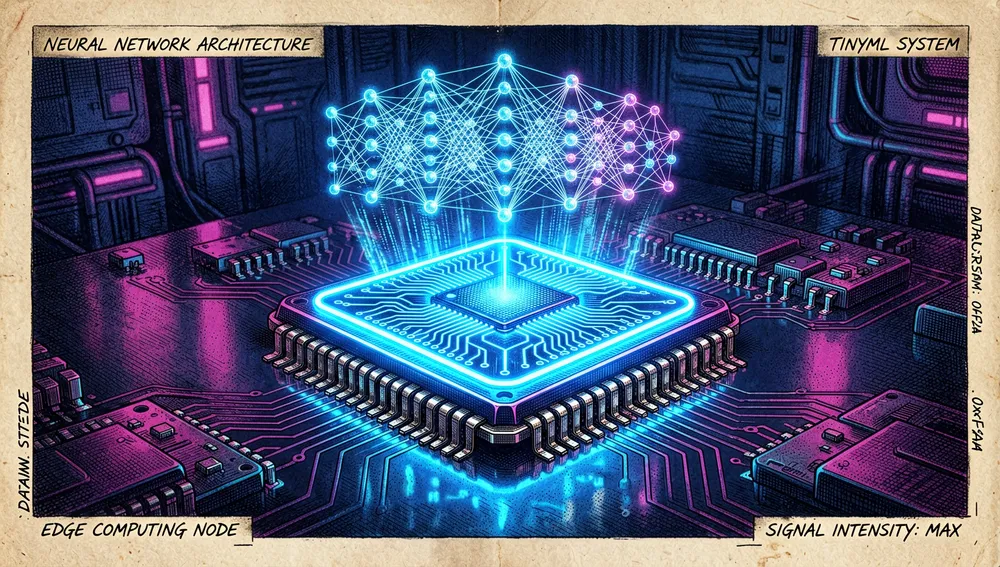 Neon-beleuchteter Mikrochip und Edge-Hardware-Board mit miniaturisierten Modellen neuronaler Netze, die als Hologramme über dem Silizium schweben und TinyML darstellen.