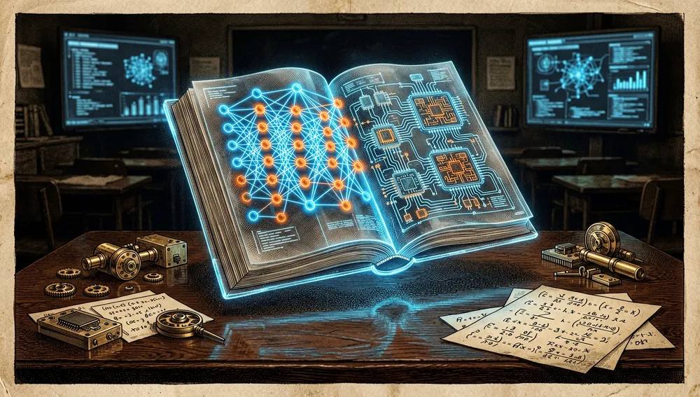 Akademischer Arbeitsplatz im Dark Mode mit einem holografischen Buch, das 3D-Modelle neuronaler Netze und Hardwarearchitekturen über einem Schreibtisch projiziert, im Hintergrund ein Klassenzimmer und Instructor-Materialien.