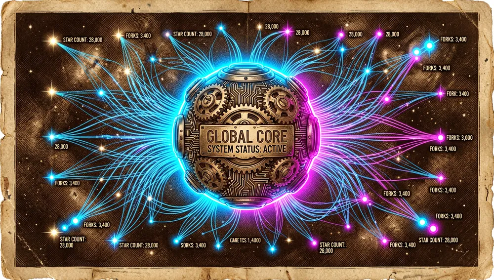 Visualisierung einer globalen Open-Source-Community, mit einem zentralen Serverkern, der tausende leuchtende Glasfaserfäden ausstrahlt und die Sterne und Forks des Repositorys darstellt.