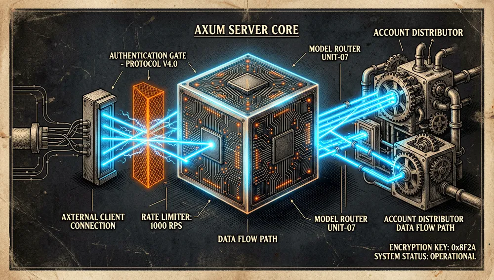 Architekturdiagramm eines Axum-Servers als geometrischer Würfel dargestellt, mit Middleware-Toren für Authentifizierung und Ratenbegrenzung, die zu einem Modell-Router und einem Kontenverteiler führen.