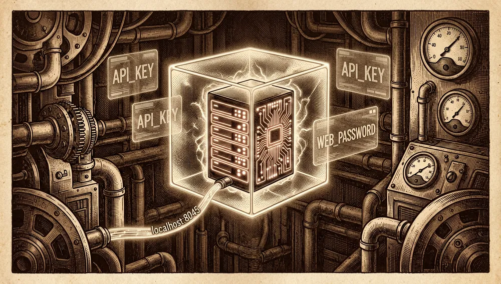 Isolationswürfel eines Docker-Containers mit einem pulsierenden lokalen Server, verbunden mit localhost:8045, umgeben von holografischen API_KEY- und WEB_PASSWORD-Zugangsdaten.