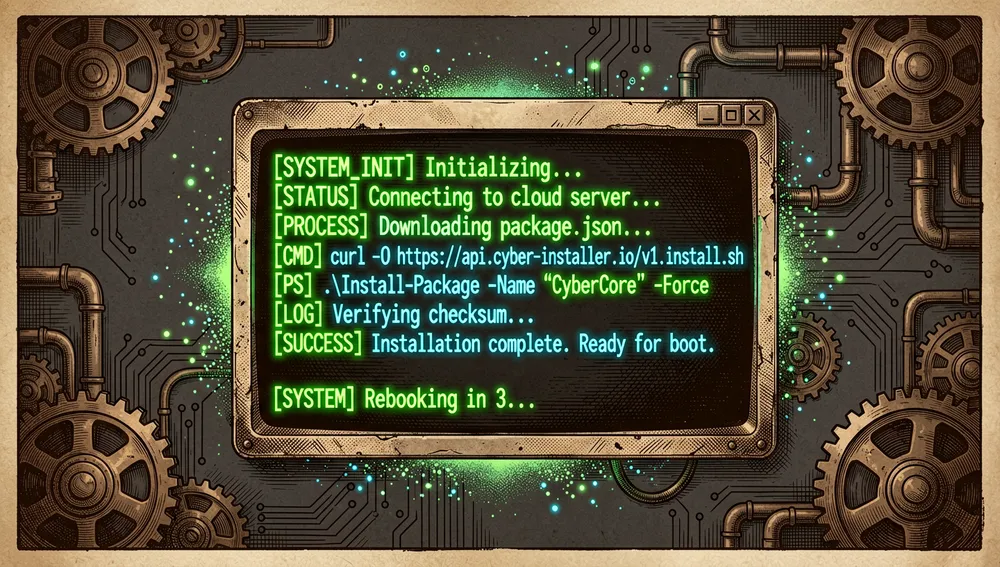 Terminal im Dunkelmodus, das Installationsbefehle mit curl und PowerShell ausführt, mit einem holografischen Fortschrittsbalken am unteren Rand.