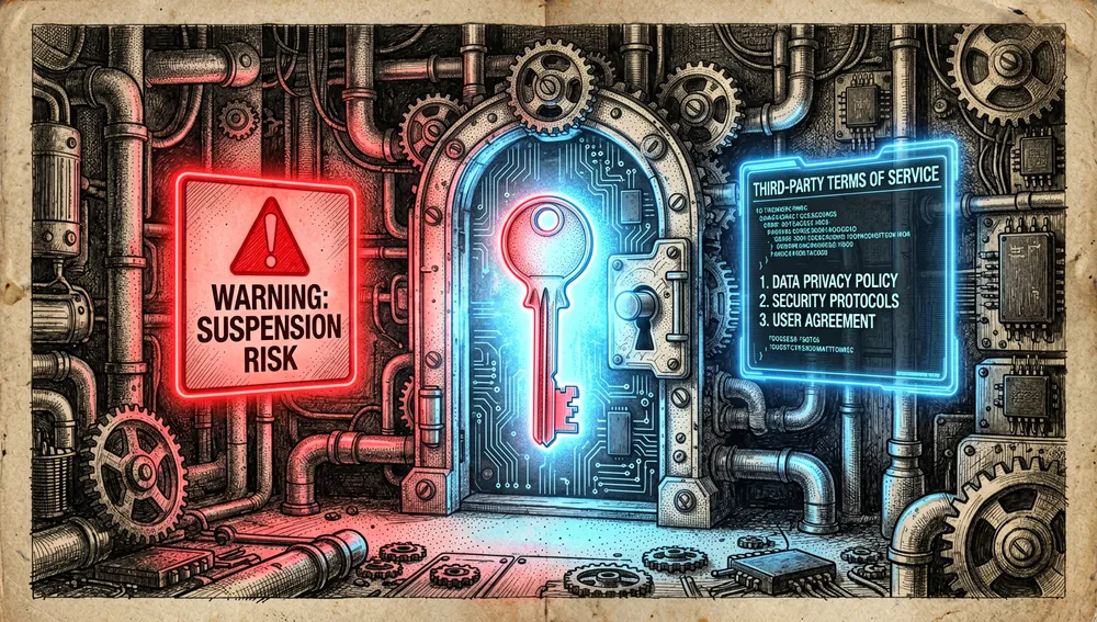 Konzeptionelle Darstellung eines OAuth-Schlüssels, der in ein digitales Schloss eingeführt wird, umgeben von Warnschildern zum Risiko einer Kontosperrung.