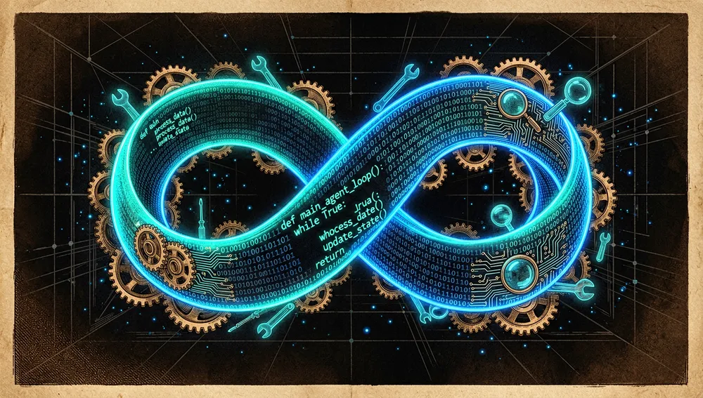 Cyberpunk scene of a glowing infinity loop built from lines of Python code and binary digits, with holographic tool icons orbiting around it.