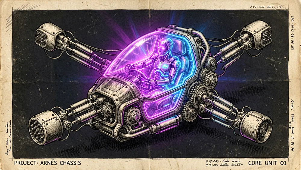 Cybernetic chassis being assembled around a glowing, brain-shaped AI core, illustrating the metaphor of the model as driver and the harness as vehicle.