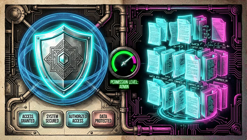 Futuristic control panel split in two: a neon shield blocking unauthorized access, representing permissions, and a holographic filing system compressing data blocks, representing context compaction and memory.