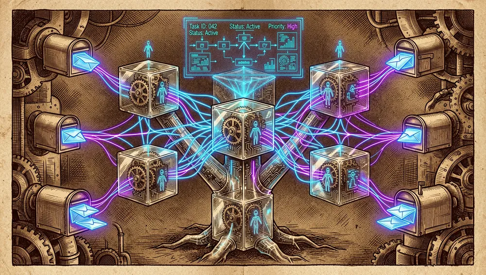 Futuristic command center showing coordination among multiple AI agents: a central holographic graph with persistent tasks connected by neon lines, asynchronous mailboxes, and isolated worktrees shown as branching glass cubes.