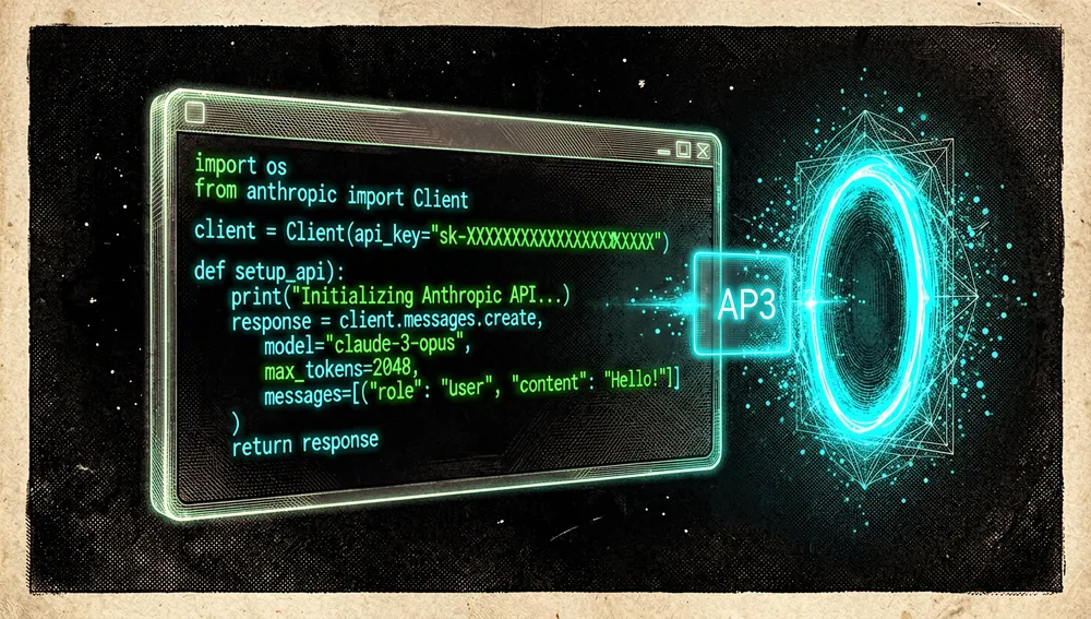 Glowing digital terminal window showing git clone, pip install, and python s01_agent_loop commands, with a holographic API key icon unlocking a neon portal.