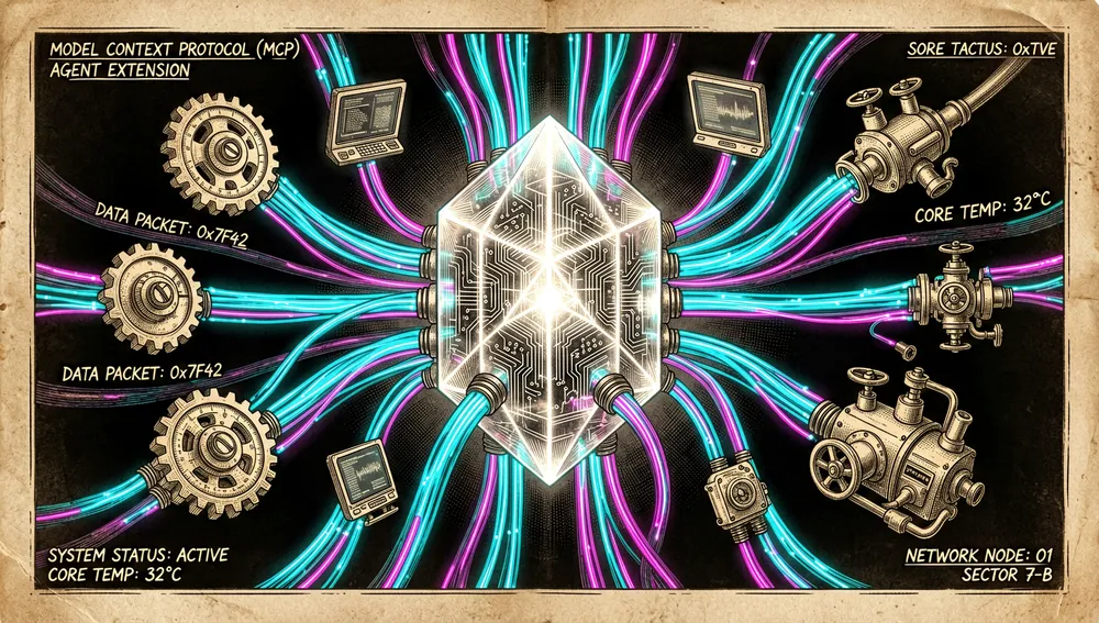 Representation of the Model Context Protocol: a glowing AI core connected via fiber-optic cables to several external tool modules floating in dark cyberspace.