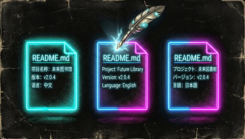 Futuristic digital library with three synchronized holographic README files floating side by side, representing the Chinese, English, and Japanese translations, with a cybernetic quill pen ready to edit all three at once.