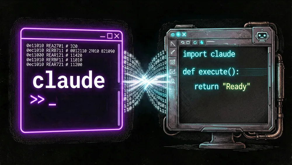 Ilustración de pantalla dividida en modo oscuro: a la izquierda una terminal con el comando claude, a la derecha un editor con resaltado de código, conectados por un flujo de datos luminoso.