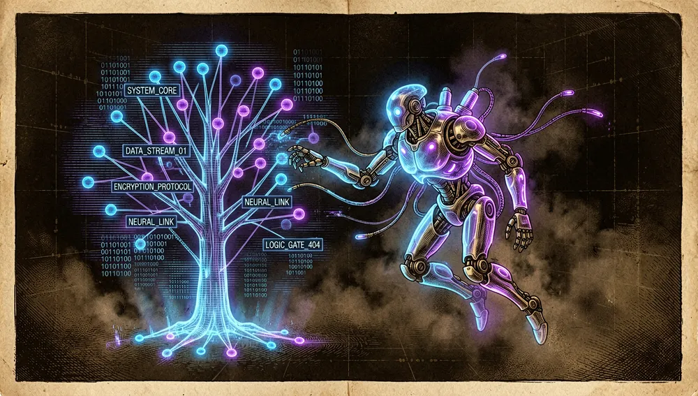 Figura robótica translúcida escaneando un árbol de archivos holográfico en 3D antes de modificar el código.