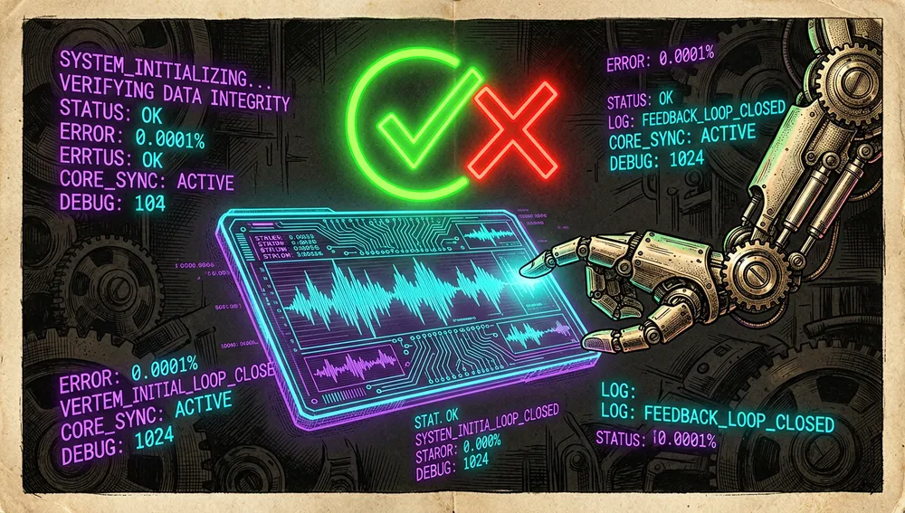 Marca de verificación verde neón y una cruz roja sobre un panel de pruebas futurista, con una mano robótica cerrando el ciclo de verificación.