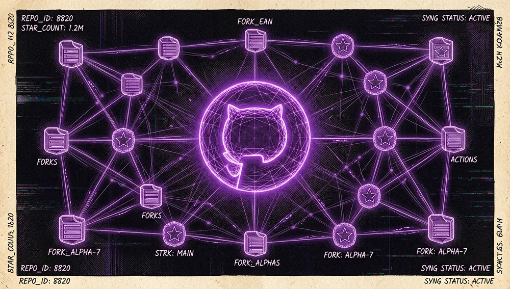 Logotipo del octocat de GitHub en wireframe púrpura rodeado de nodos luminosos que representan bifurcaciones, estrellas y acciones.