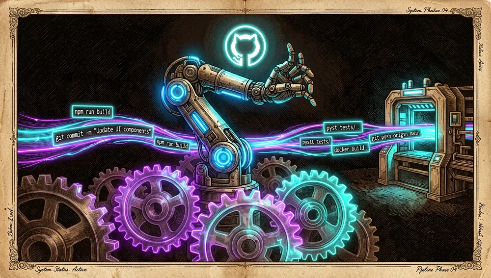 Brazo robótico con el icono de GitHub orquestando engranajes y tuberías de CI/CD por los que fluyen confirmaciones de código como bloques de luz.