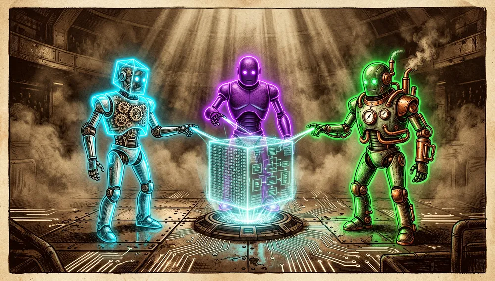 Tres avatares robóticos con auras de neón cian, púrpura y verde esmeralda proyectando haces de luz hacia un repositorio de código flotante.