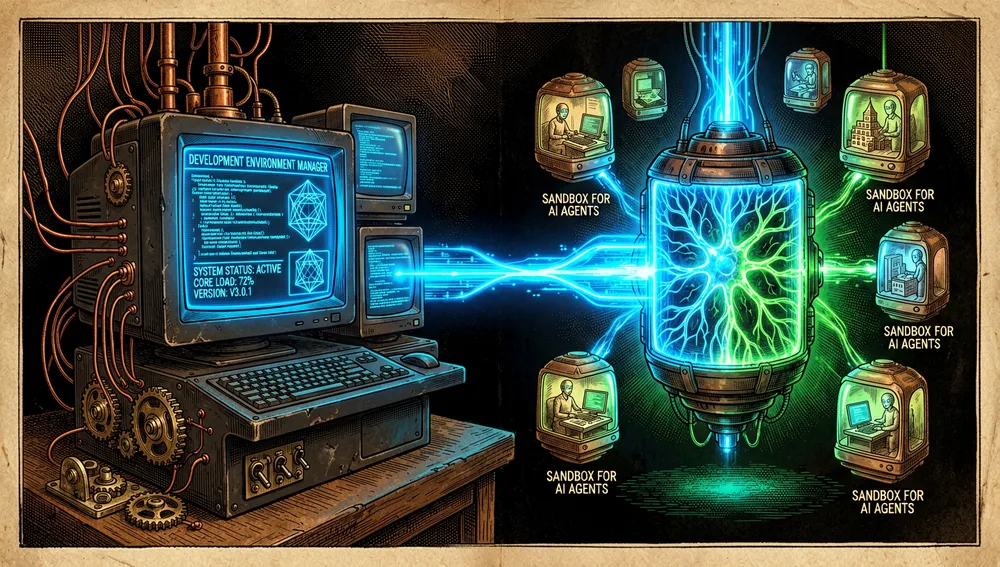 Ilustración conceptual dividida: a la izquierda una terminal retro que representa un gestor de entornos de desarrollo, a la derecha un núcleo de IA brillante conectado a microcámaras aisladas que representan un sandbox para agentes.