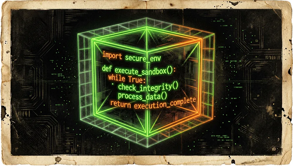 Cubo holográfico aislado en un vacío digital oscuro, con líneas de código ejecutándose en su interior mientras una malla de neón protectora rodea la cápsula, representando el aislamiento antes de la ejecución.