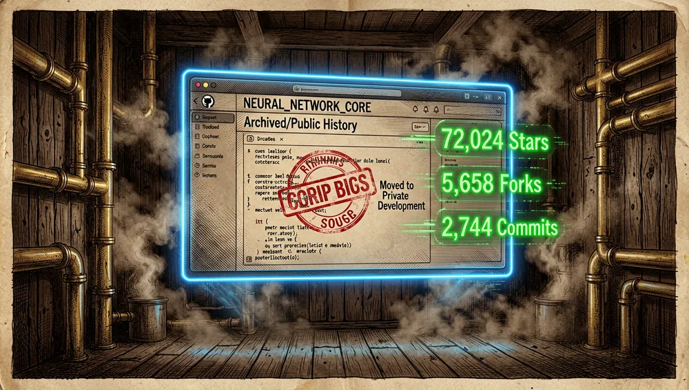 Interfaz holográfica de un repositorio de GitHub proyectada en una sala oscura, con cifras de neón flotando: "72.024 estrellas", "5.658 bifurcaciones", "2.744 commits", y un sello luminoso de "Historial público / archivado" superpuesto sobre el código.