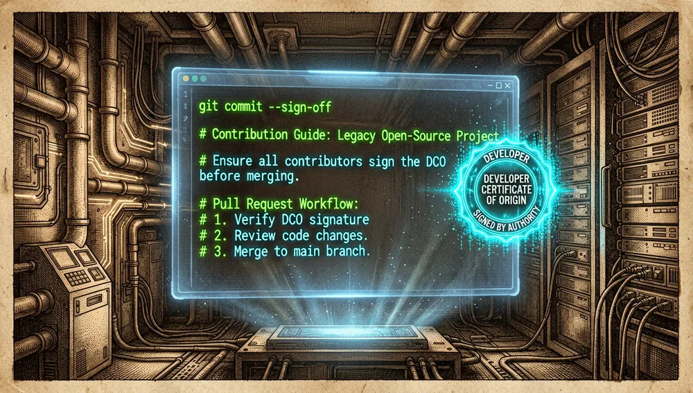 Terminal de desarrollador en un entorno oscuro de alta tecnología, mostrando un comando git commit --signoff resaltado en verde y cian junto a una insignia holográfica de certificado de origen del desarrollador (DCO).