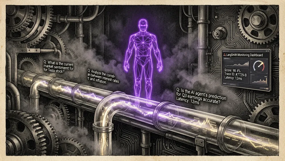 Dunkle filmische Szene einer Evaluierungs-Pipeline für einen KI-Finanzagenten: eine holografische Richterfigur in Neon-Violett präsidiert über Finanzfragen, die durch eine durchscheinende Pipeline fließen, mit einem LangSmith-Panel, das Bewertungen und Traces zeigt.